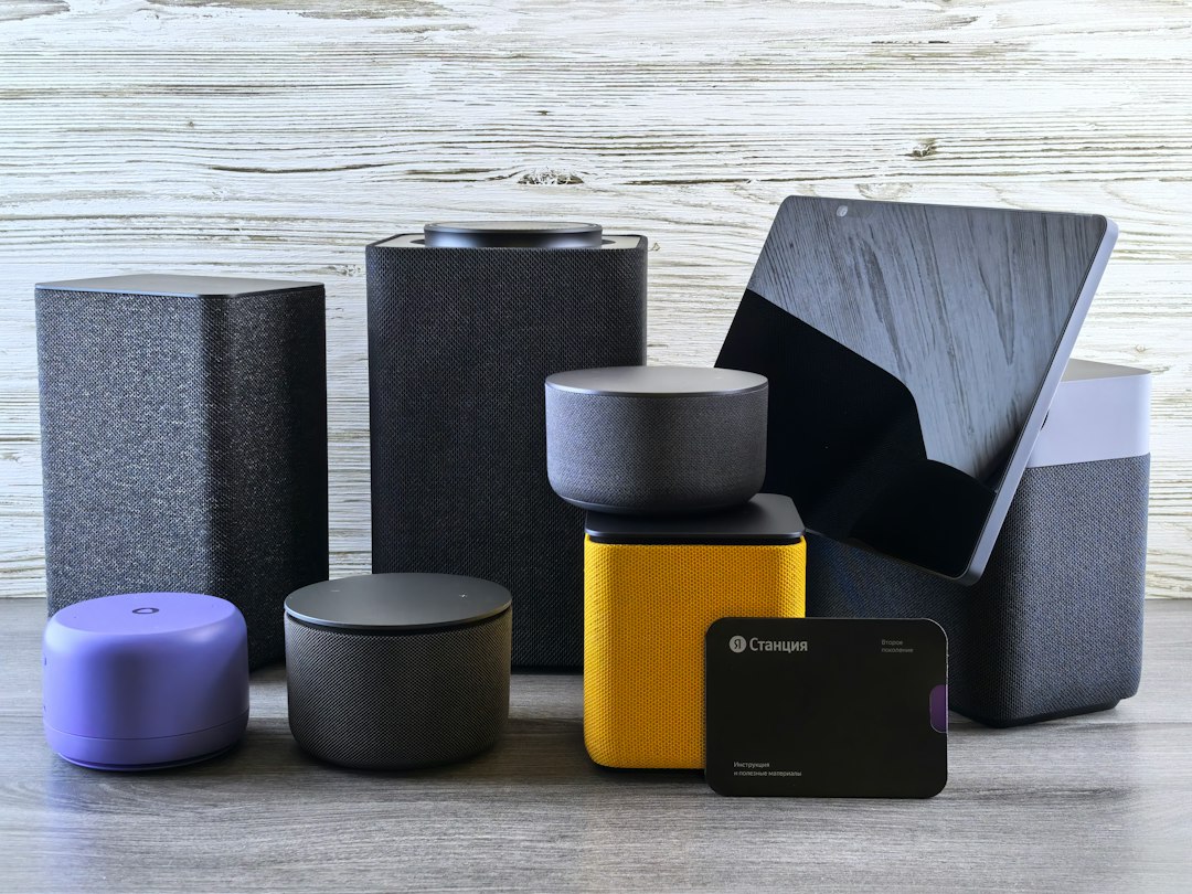 Collection of modern electronic devices and speakers
