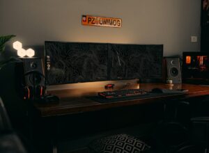 Black flat screen computer monitor on brown wooden desk