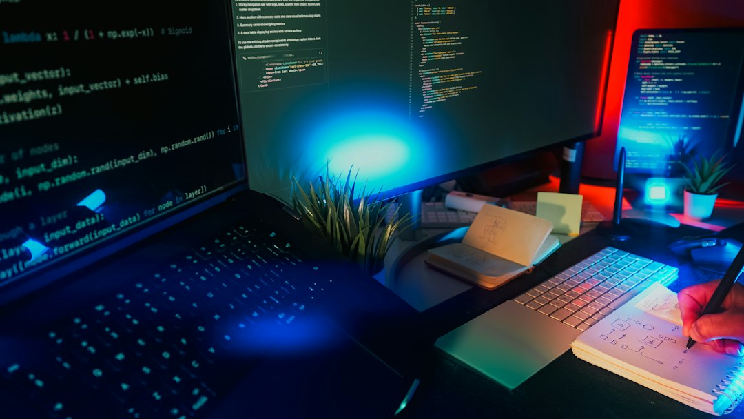 Computer screens displaying code with neon lighting