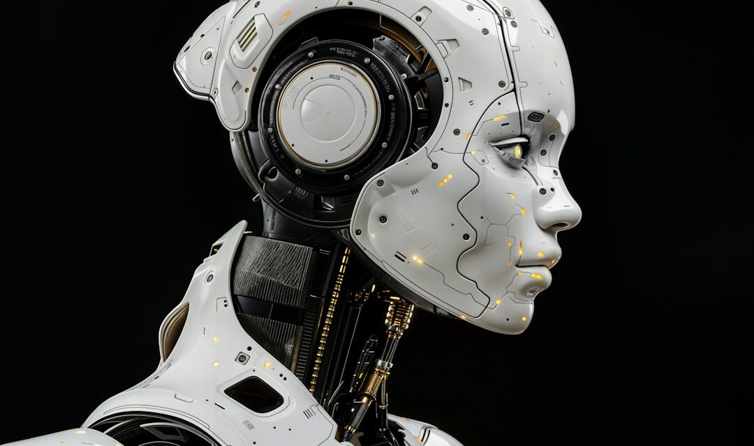 A white robot is standing in front of a black background