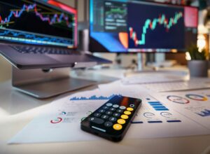 Smartphone calculator on desk with financial charts behind