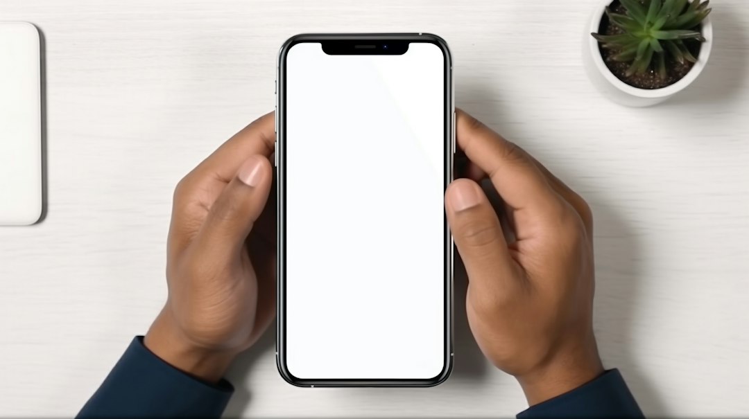 A person holding a phone with a white screen
