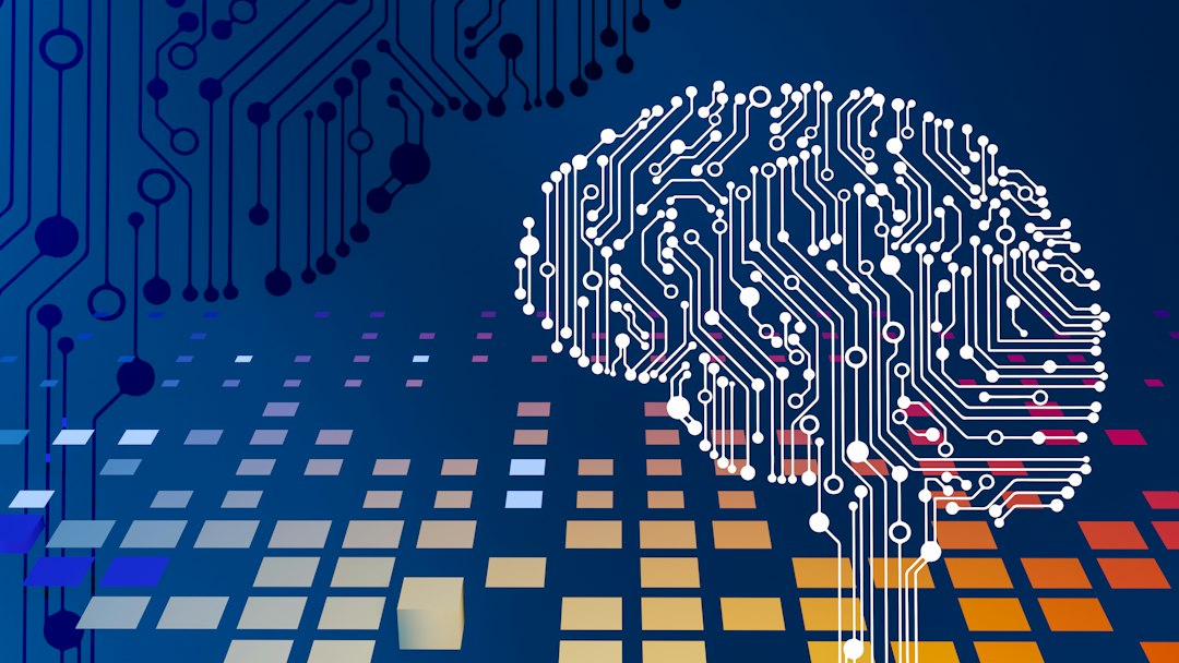 A computer circuit board with a brain on it