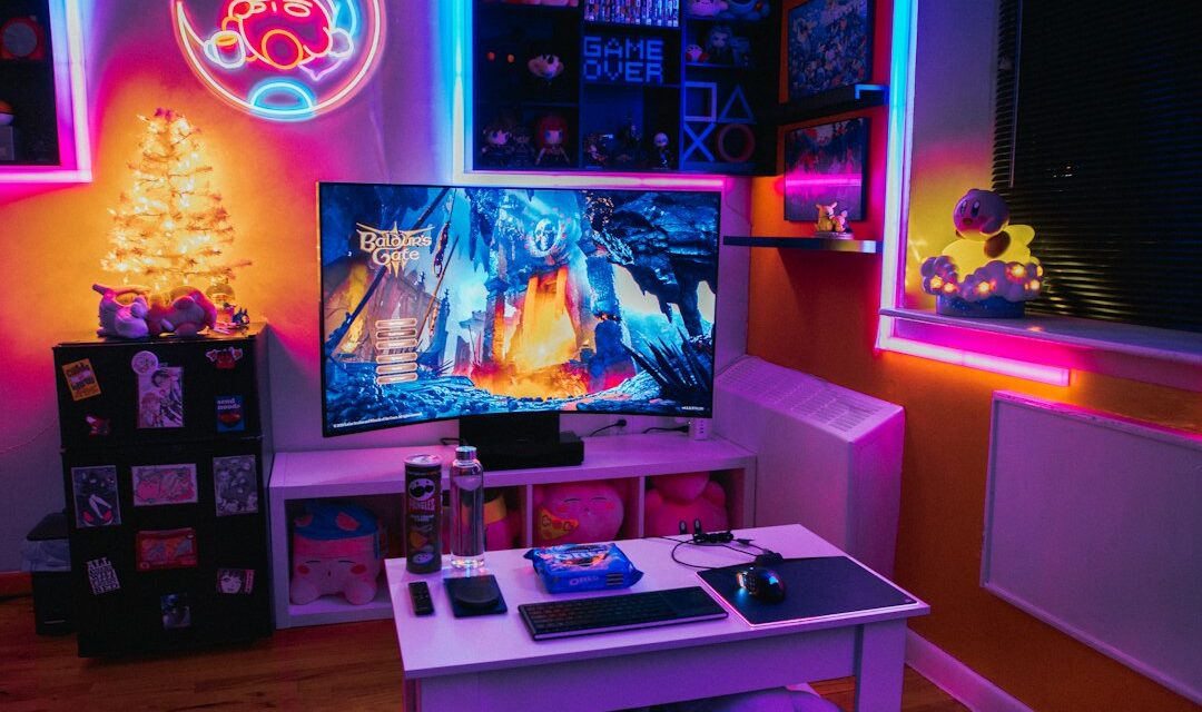 A living room with a television and a game system