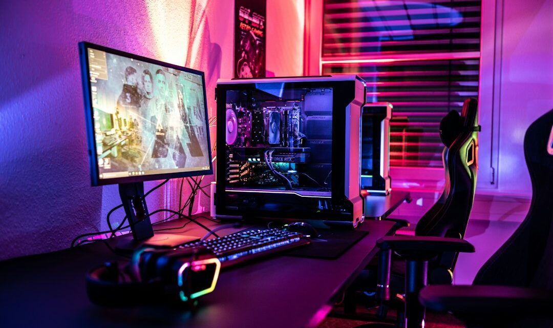 A computer desk with a monitor, keyboard and mouse