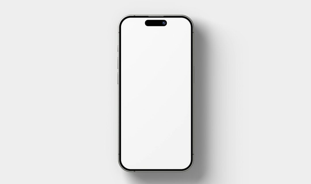 A smartphone with a blank white screen on a light grey background