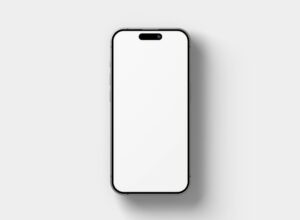 A smartphone with a blank white screen on a light grey background