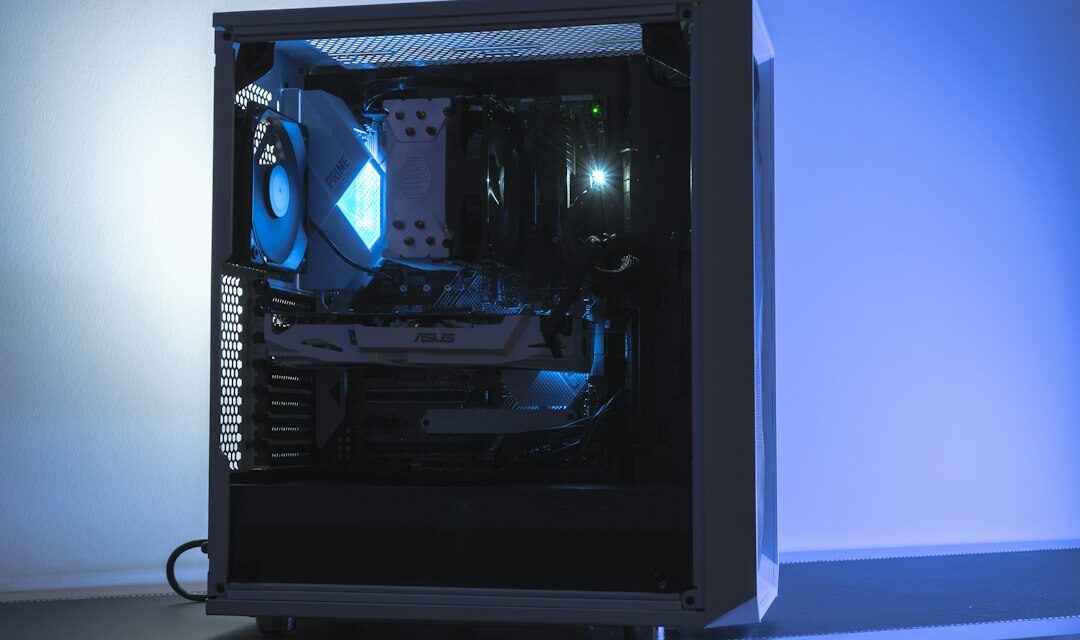 A computer with a blue light