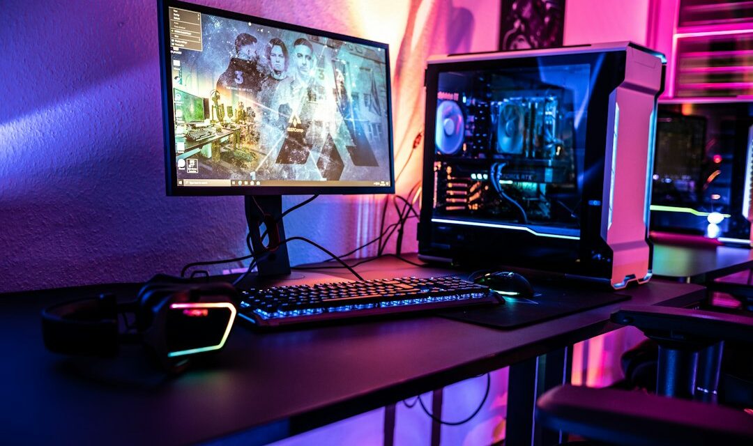 A desktop computer sitting on top of a wooden desk