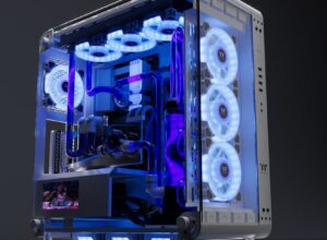 A computer case with a blue light inside of it